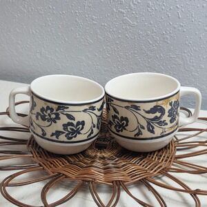 Vintage Cypress Home Daphne B Floral Coffee Mugs Blue Cream Ceramic Set of 2
